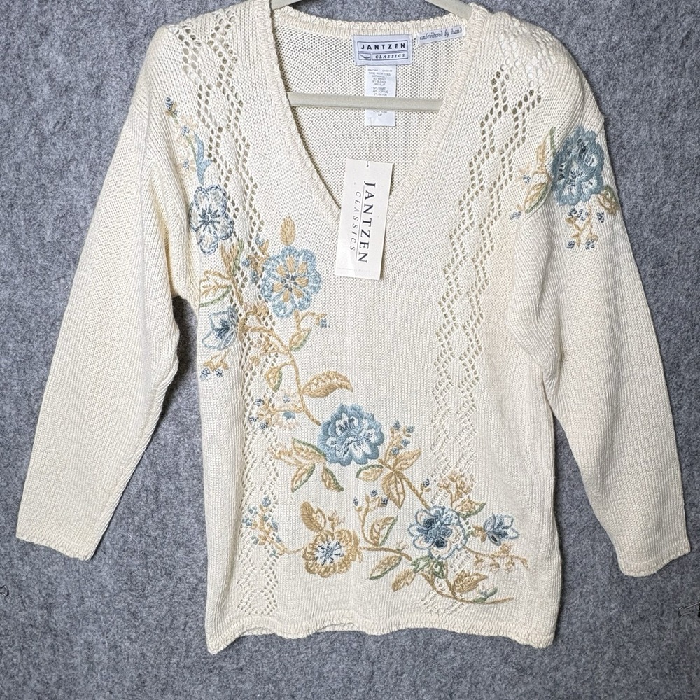 Jantzen Sweater Cream Hand Embroidered Florals VTG Grandma Cottage Core SM